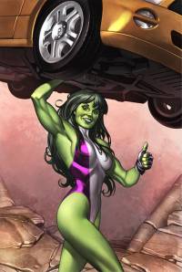She-Hulk holding up a car.