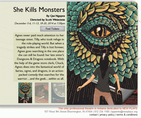 "She Kills Monsters" cover on Bloomington Playwrights Project Website, December, 19, 2014.