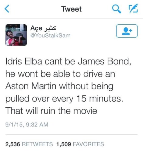 Picture of Tweet about Idris Elba playing James Bond.