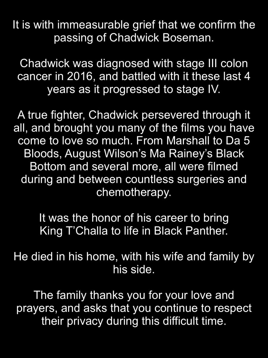 Chadwick Boseman - Family announcement of his passing.
